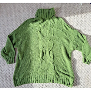 Aerie Cable Knit Turtleneck Sweater Womens Size XL Green Wool Blend Oversized